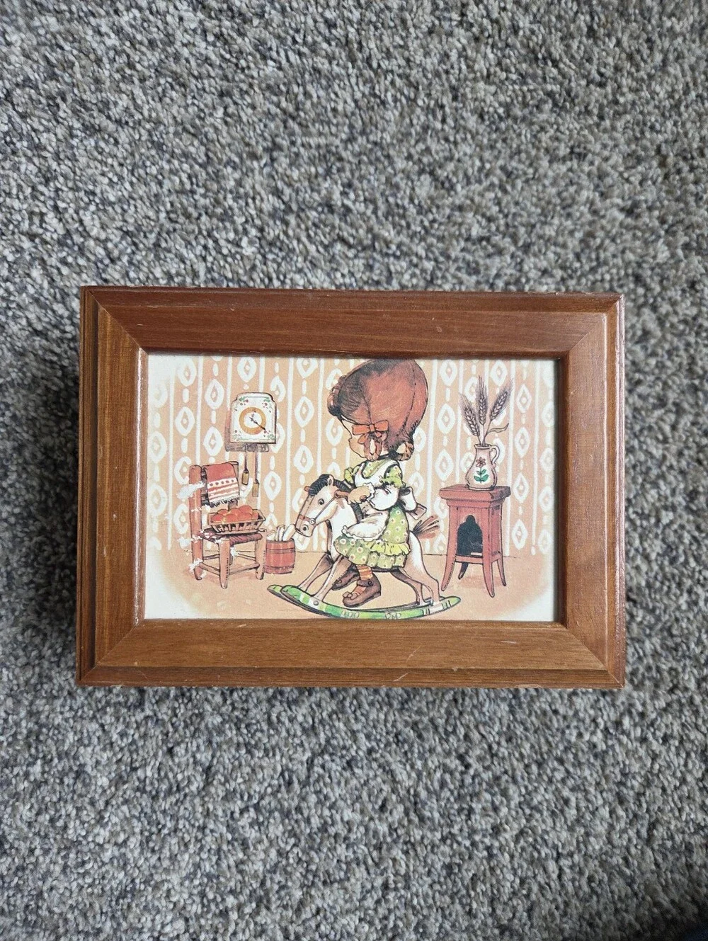 Vintage 1970s Wooden Jewelry / Trinket Box – Girl on Rocking Horse
